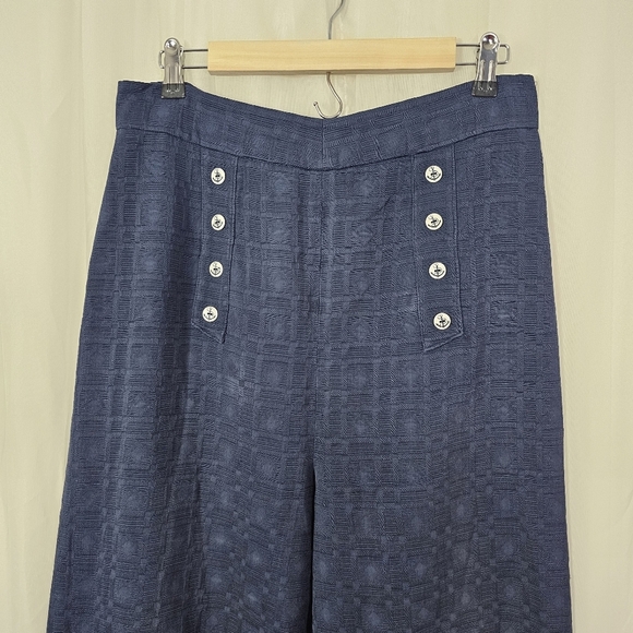 Marianne Novobatzky Textured Navy Blue High Waist Wide-Leg Pants Anchor Buttons - Picture 2 of 8